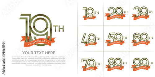 Anniversary logo set with double line number style. green color with orange ribbon can be use for special moment