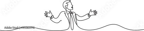 A businessman speaking passionately with his arms wide open in continuous line art.