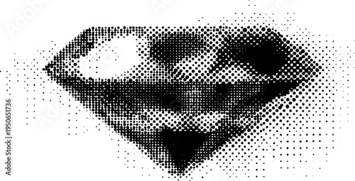 Diamond with sparkle rays in black and white halftone design for art and decor