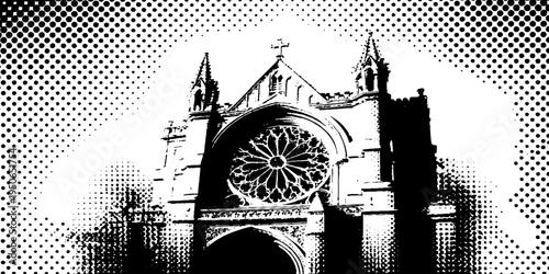 Gothic cathedral with rose window in halftone style black and white design for architecture enthusiasts