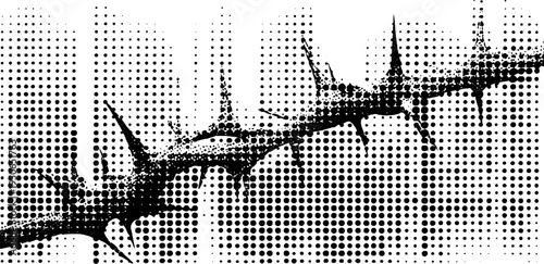 Gothic thorn divider with ornamental flourish in black and white dotwork style