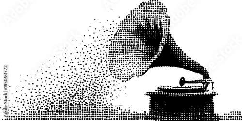 Vintage gramophone illustration in black and white halftone style
