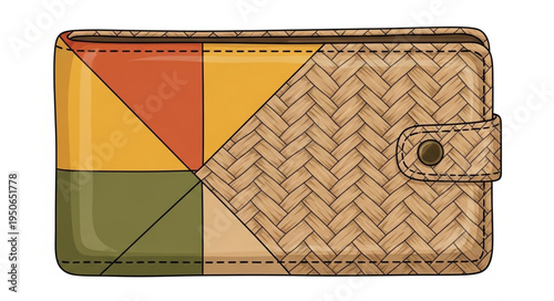 Colorful Patchwork Wallet with Woven Texture and Button Closure.