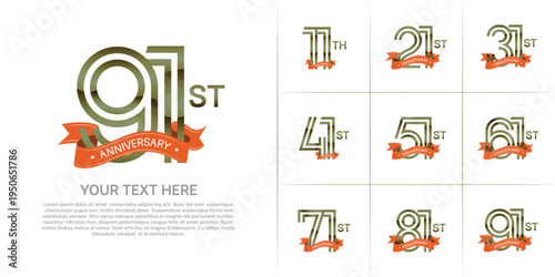 Anniversary logo set with double line number style. green color with orange ribbon can be use for special moment