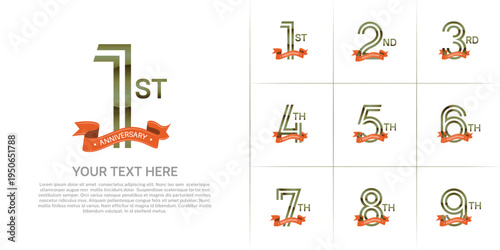 Anniversary logo set with double line number style. green color with orange ribbon can be use for special moment