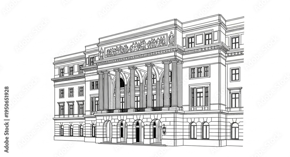 Naklejka premium Architectural Sketch of a Grand Building with Columns and Windows.
