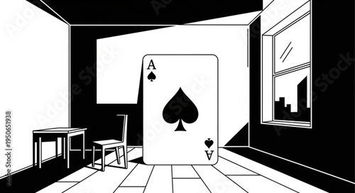 Monochrome Illustration of an Ace of Spades Card in a Room.