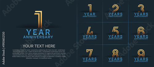 Anniversary logo set with double line number style. gold and blue color can be use for special moment
