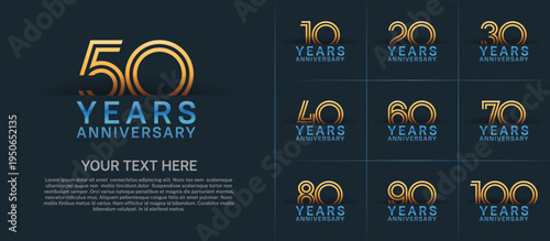 Anniversary logo set with double line number style. gold and blue color can be use for special moment