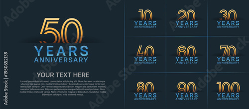 Anniversary logo set with double line number style. gold and blue color can be use for special moment
