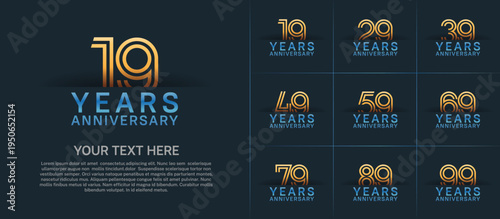 Anniversary logo set with double line number style. gold and blue color can be use for special moment