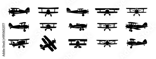 Vintage Biplane Silhouette Set – Classic Double Wing Aircraft Aviation Icons Collection