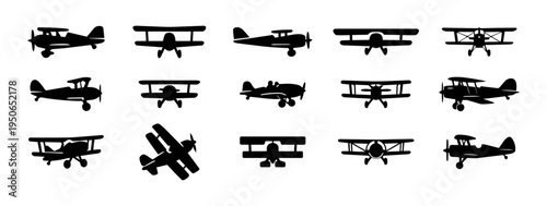 Vintage Biplane Silhouette Set – Classic Double Wing Aircraft Aviation Icons Collection