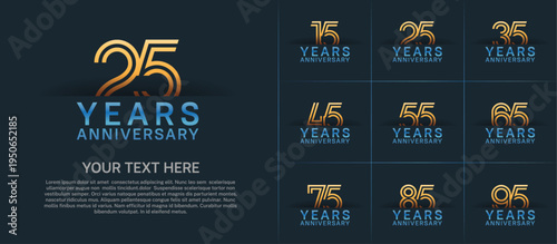 Anniversary logo set with double line number style. gold and blue color can be use for special moment