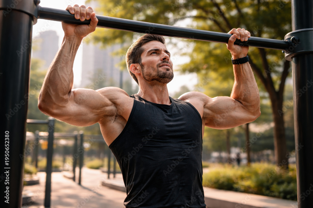 Naklejka premium Fit man performing pull-ups in a sunny outdoor gym