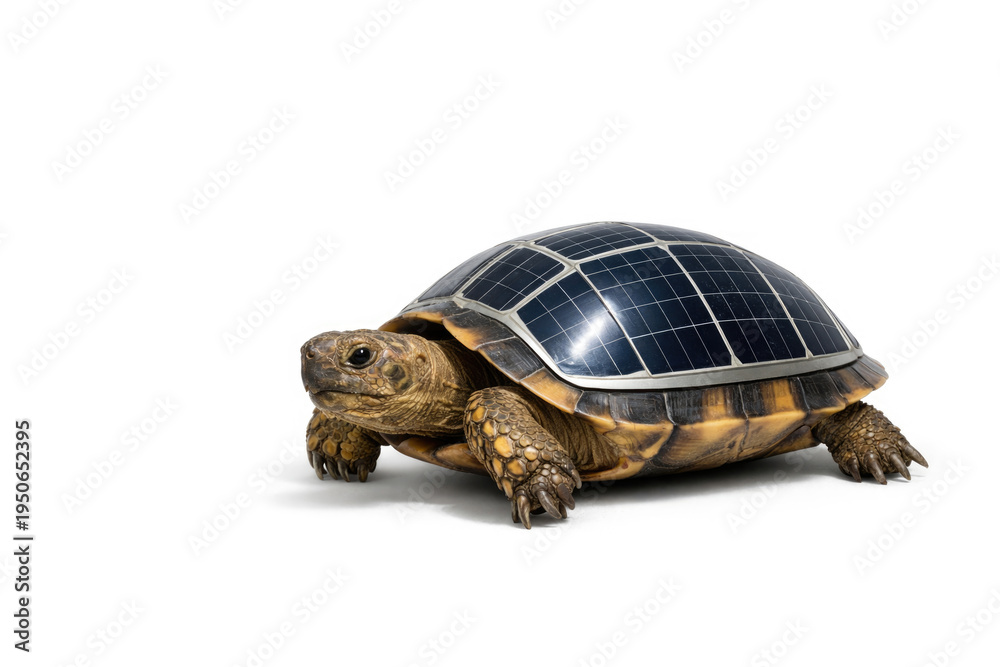 Obraz premium Turtle with a shell from a solar panel on a white background. Space for text.