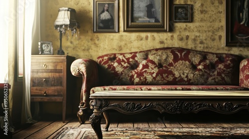 Oldfashioned furniture combined with gentle natural lighting ambiance. Elegant antique furnishings enhanced by soft window light and intricate decorative details throughout setting
