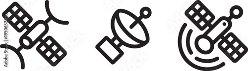 Collection of three stylized satellite icons, including a dish and space satellites.