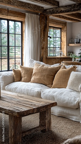 Cozy bright residence. Sunshine floods charming wooden room with soft cushions and warmth. Warm inviting cabin filled with sunlight and comfortable furnishings in rustic setting