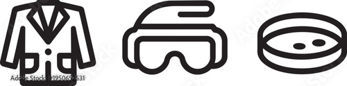 Laboratory research line icon set with a professional lab coat, protective goggles, and petri dish.