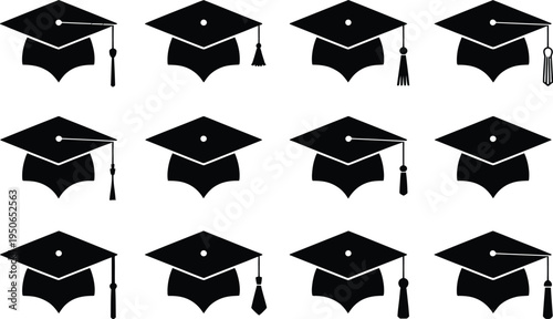 Academic graduation cap icon set, minimalist vector icons featuring graduation mortarboards for university, college, and academic milestone graphics.