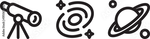 Line art illustration of a telescope, spiral galaxy, and ringed planet with stars