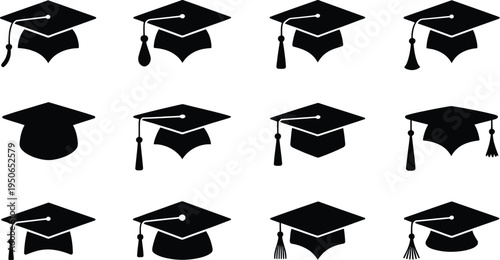 Academic graduation cap icon set, vector illustration of mortarboard caps in black and white for an education achievement ceremony and school graduation design.
