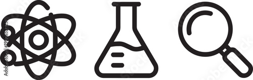 Science and research icons: atom symbol, laboratory flask with liquid, and magnifying glass