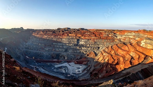 Expansive rare earth open-pit mine with multi-layered terraced rock formations extending deep into the earth under a bright blue sky.
