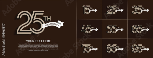 Anniversary logo set with double line number style. brown color with white ribbon can be use for special moment