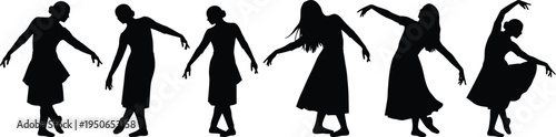 Silhouette of six women dancing in various poses