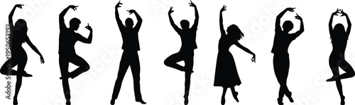 Seven silhouette dancers in various poses