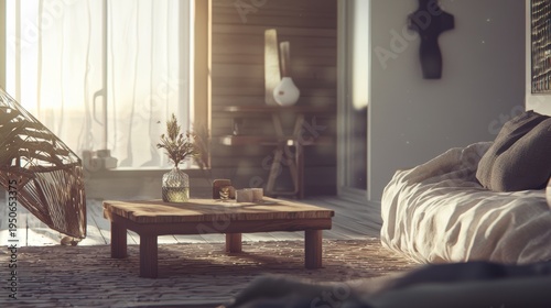 Calm and inviting environment with authentic textures and soft lighting. Peaceful and warm area decorated with natural materials and soothing illumination for relaxation