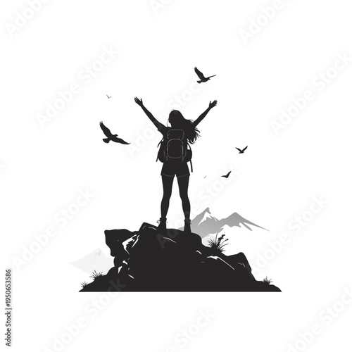 Silhouette Of Adventurer On Mountain Peak