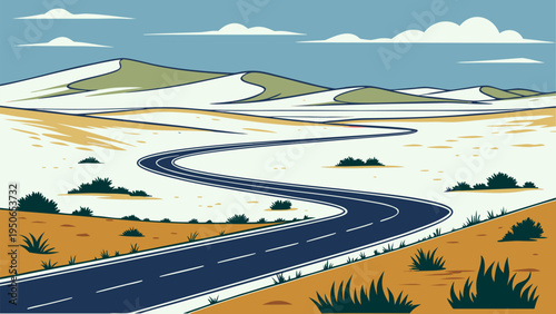 Scenic vector illustration of a winding road across hills near the coast with open sky. Ideal for travel posters, road trip themes, landscape backgrounds, outdoor adventure design, and tourism graphic