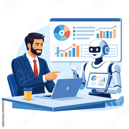 Artificial Intelligence Assistant Helping Businessman Analyze Data Dashboard
