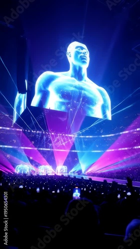 Giant hologram of muscular man projected during a live concert event  