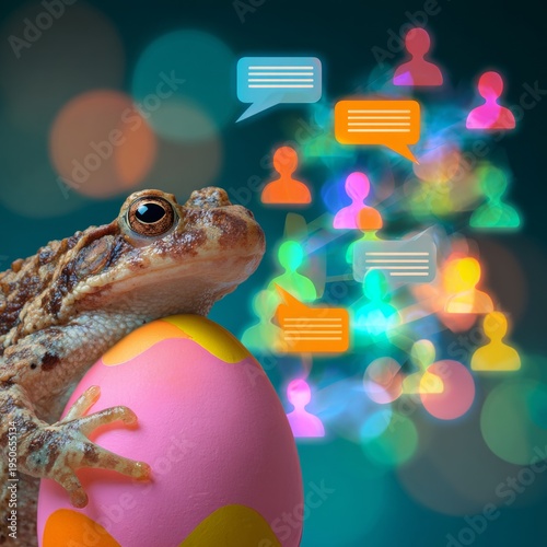 Springtime wishes with a frog and festive egg. Networked people design. Cute frog gently holding a colorful easter egg. Connected people concept. Internet friends network.