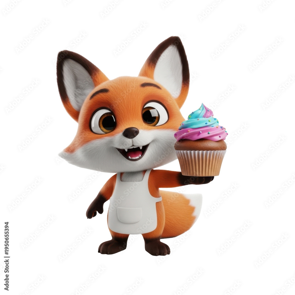 Fototapeta premium Cute Cartoon Fox Chef Holding Cupcake
