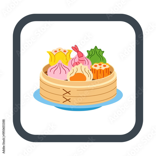 Delicious and colorful dim sum in a bamboo steamer basket, a culinary icon