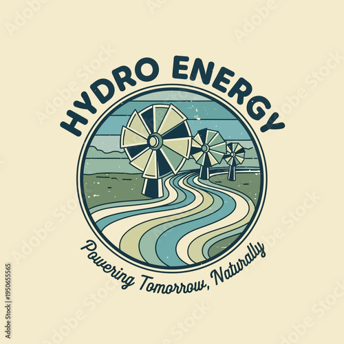 Optimistic Hydro Energy logo depicting wind turbines in a natural landscape with flowing water paths, symbolizing sustainable power on a light cream background.