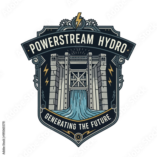 Detailed Powerstream Hydro logo featuring a hydroelectric dam and lightning bolts, symbolizing future energy generation on a light cream background.