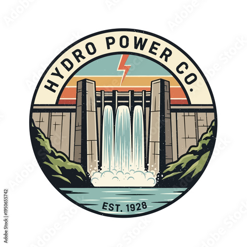Hydro Power Company Emblem with Hydroelectric Dam, Lightning Bolt, and Water Flow in Bright Studio