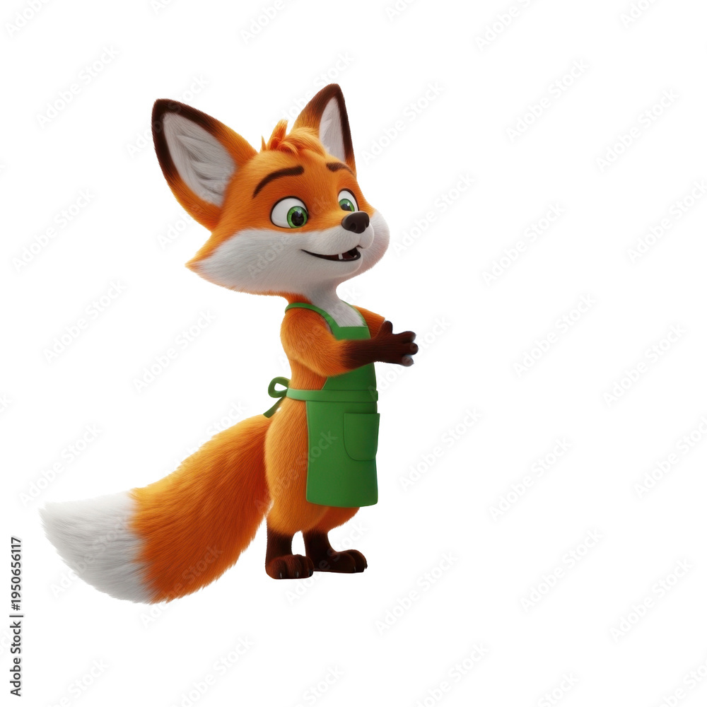 Fototapeta premium Friendly Cartoon Fox in Green Apron Smiling