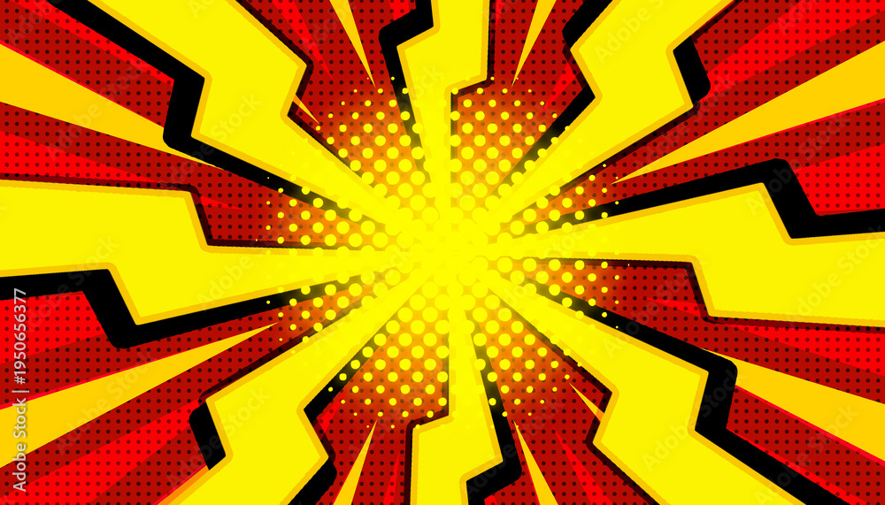 Fototapeta premium Sunbeam thunder flash red yellow comic book with halftone modern abstract background