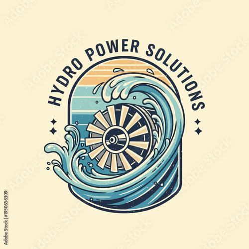 Hydro Power Solutions Turbine Logo with Dynamic Water Wave, vintage renewable energy emblem on a light background.