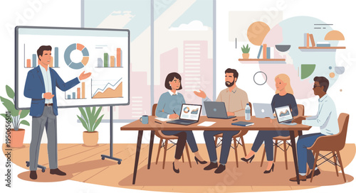 Successful business team celebrating achievement with trophy and confetti