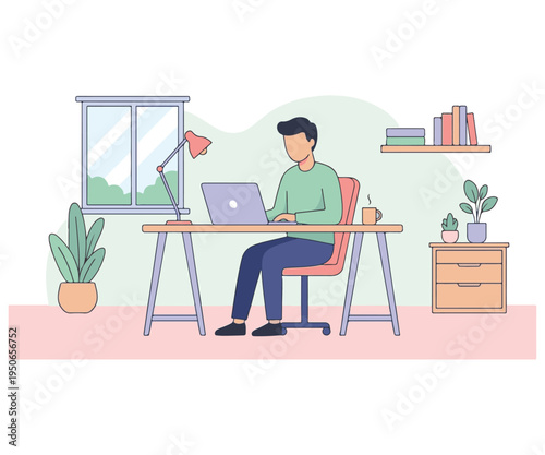 Modern flat illustration of a man working on a laptop at a desk.