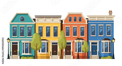 Colorful row of cartoon houses on a white background.