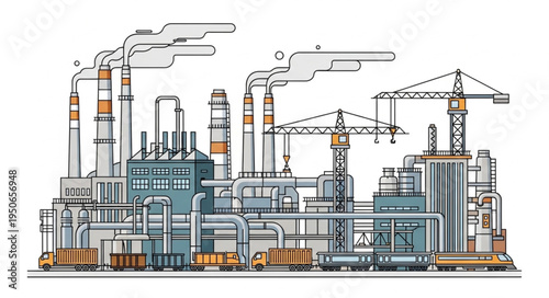 Industrial Factory Complex with Smoke Stacks and Trucks.